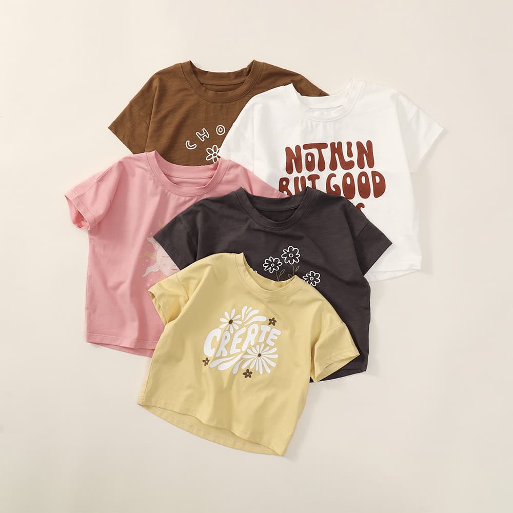Camiseta infantil de algodão puro de manga curta verão estilo fino masculino feminino bebê solto meia manga impressa