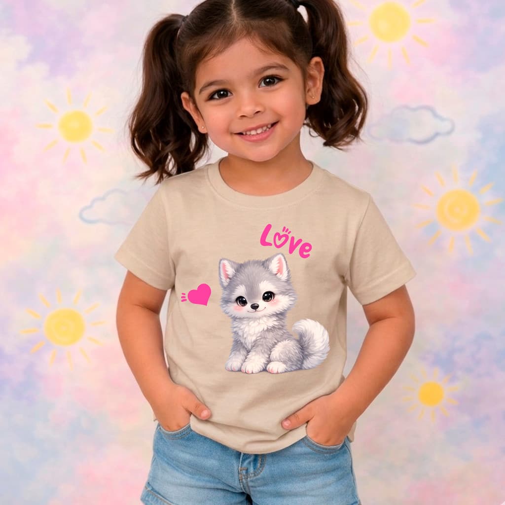 Camiseta Blusa Infantil Feminina Menina Estampas Alegre de Cachorrinho Lobinho Gatinho Crianças - Camisa 100% Algodão