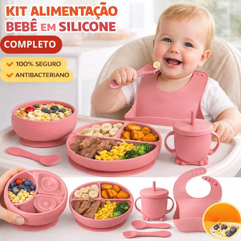 kit Peças Talheres alimentação bebê silicone  kit Talheres Infantil Com Ventosa Canudo Colher Babador Garfo