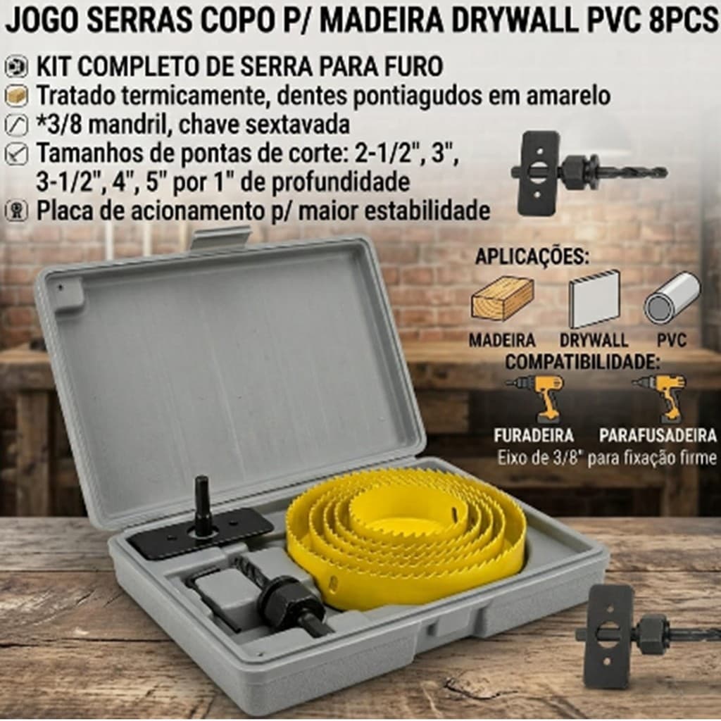 Serra Copo Para Madeira Pvc Drywall 8 Peças 64 76 8 102 127mm Eixo Sextavado Reforçado Profissional