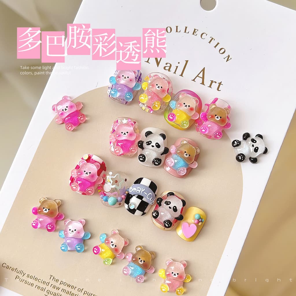 Manicure jóias diamante bonito dopamina goma cor transparente pequeno Panda bonito colorido dos desenhos animados resina