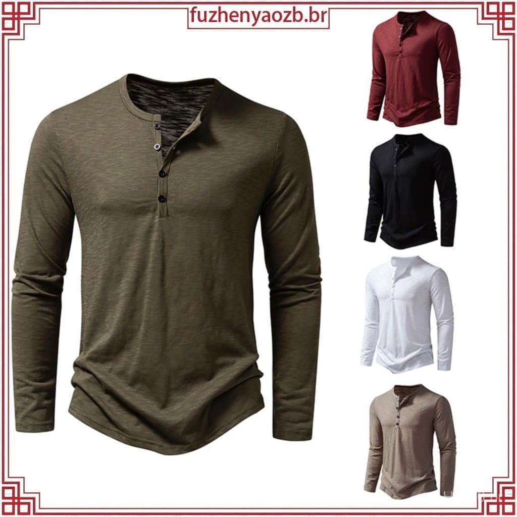 Camisetas Henley de Manga Longa para Homens Tamanho Grande, Elásticas, Moda Casual Básica MRFB