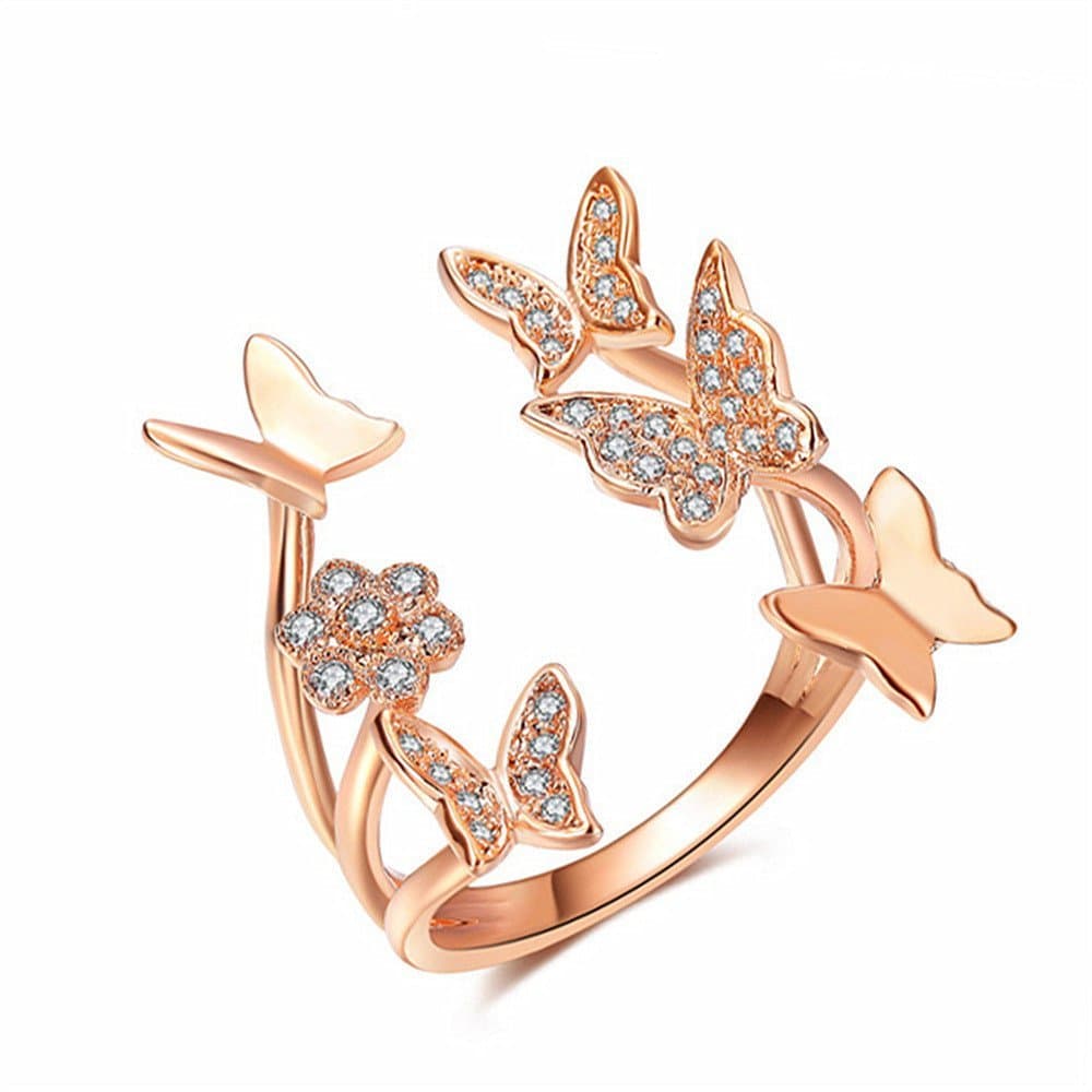 Anel Aberto Feminino Wish Novo, Requintado e Criativo, com Design de Borboleta e Flor, Elegante, Banhado a Prata, Ouro R