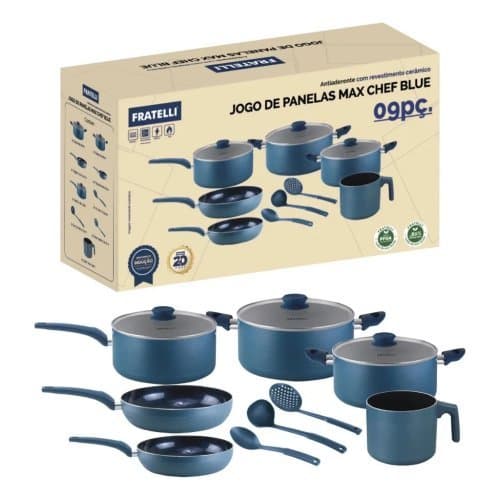 Jogo Panelas Antiaderente 9 Peças Azul Cozinha Durável Praticidade Estilo Completo Alumínio Tampa