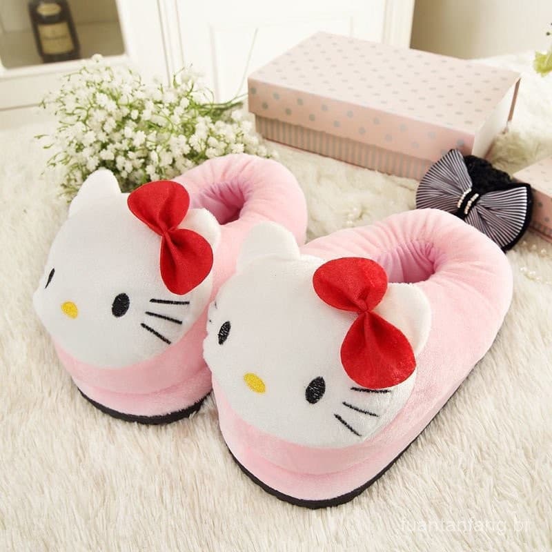 Chinelos de Espuma Rosa para Casal de Inverno, Algodão Vermelho, Hello Kitty, Gato, Ponto, Veludo Super Macio, Redondos