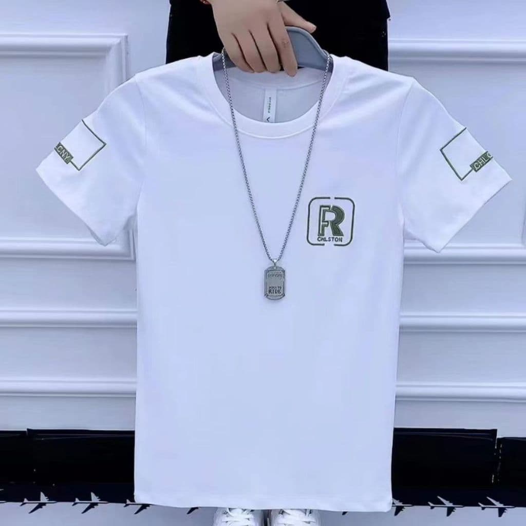 Camiseta masculina de verão com gola redonda e manga curta bordada com meia manga bordada