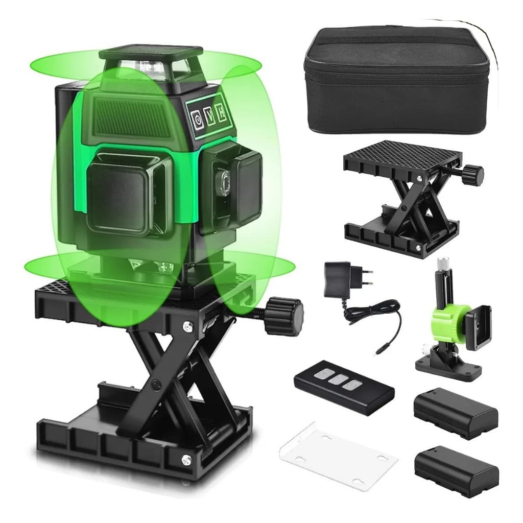 Nivel Laser Horizontal Automático, 16 Linhas de Laser 4D, 360° Linha Verde Vertical Horizontal, com 2 Baterias