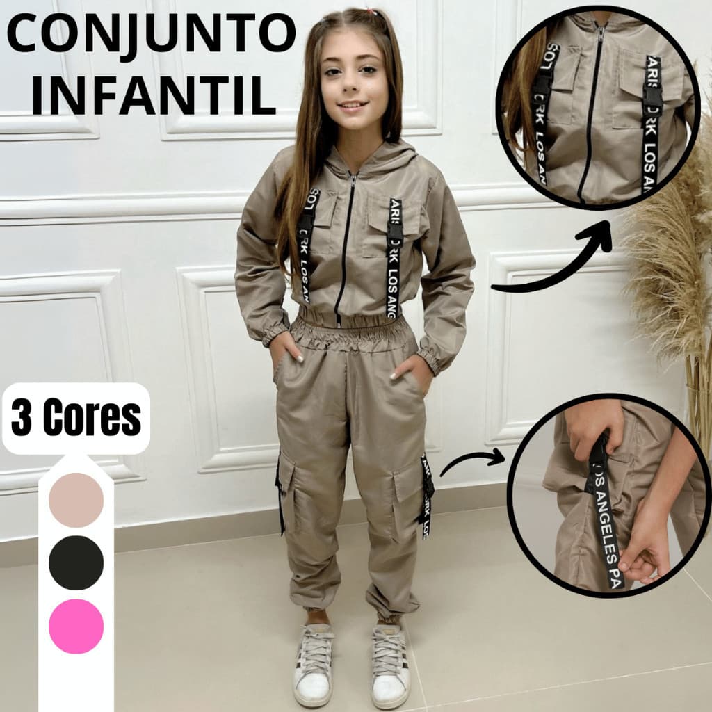 Conjunto Menina Blusinha Bomber e Calça Tactel Jogger Cargo Infantil Juvenil Jaqueta Blusa Calca Top Moda infantil