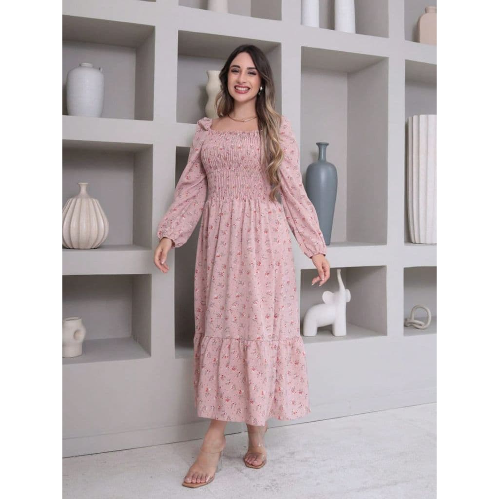 vestido midi  estanpado crepinho lastex manga comprida