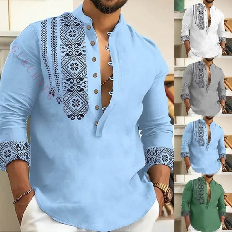 2023 Novo Camisa Masculina De Manga Comprida De Alta Qualidade Com Botões Soltos Henley Decote Em V Para Praia DKSR