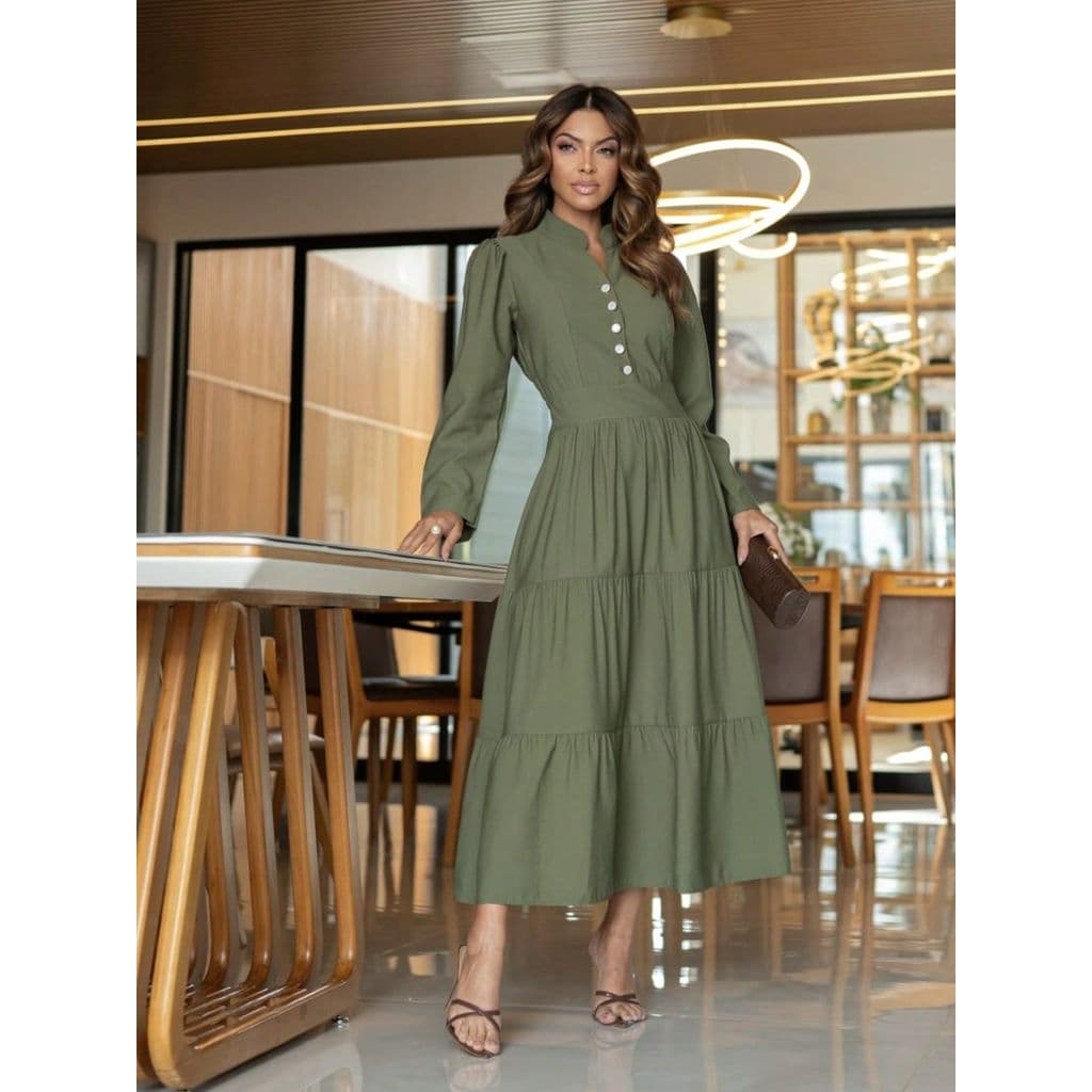 Vestido midi Luxo elegante Sensorial algodão com gola e botao manga curto