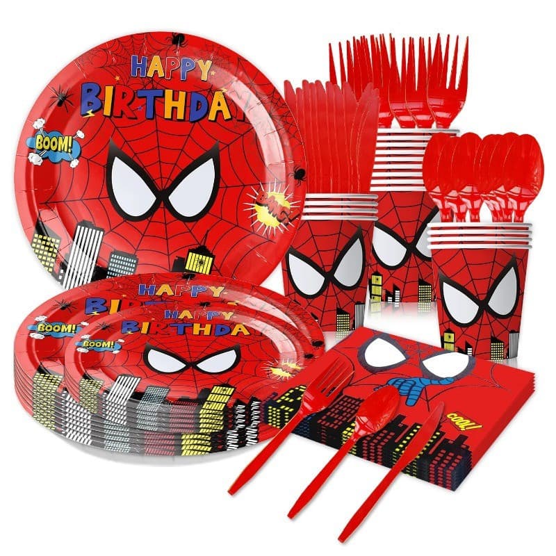 Decoração de festa do Homem-Aranha Vermelho, utensílios de mesa descartáveis, prato de papel, guardanapo, toalha de mesa