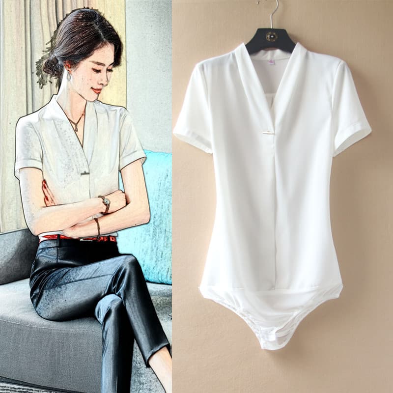 2023 novo produto branco com decote em V verão elegante cetim manga curta macacão moda feminina Chiffon camisa feminina