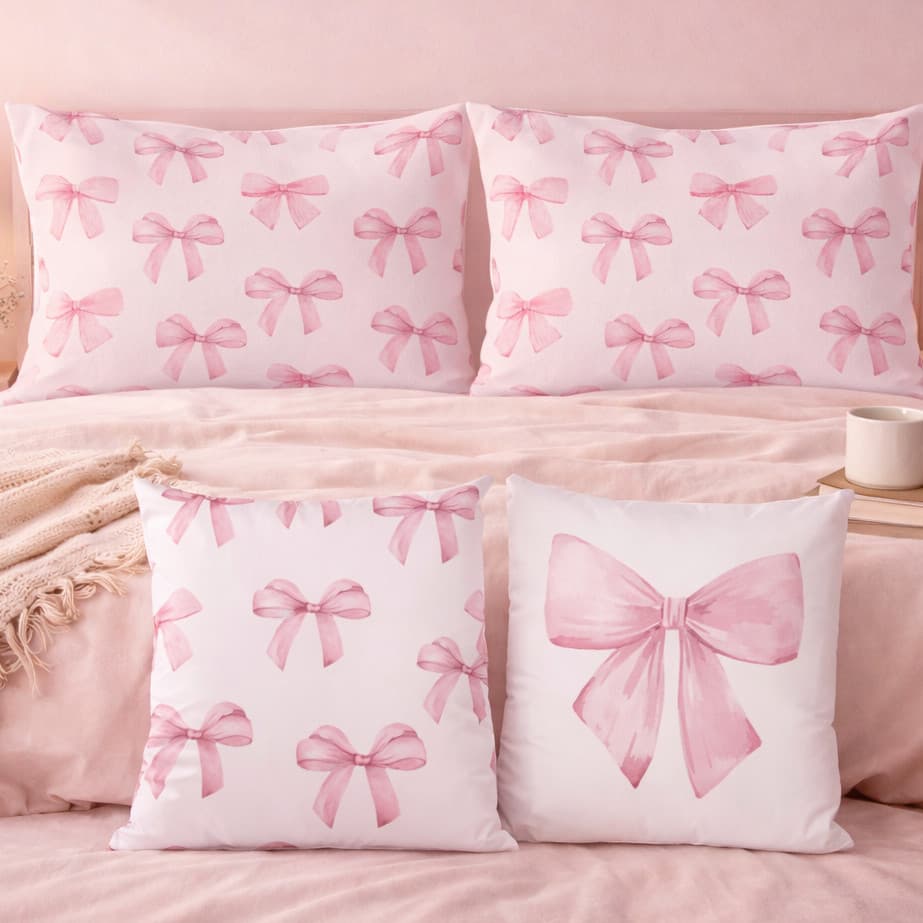 Capa de Almofada 45x45 + Fronha 50x70 Laço Rosa Delicado | Opções | Cama Posta