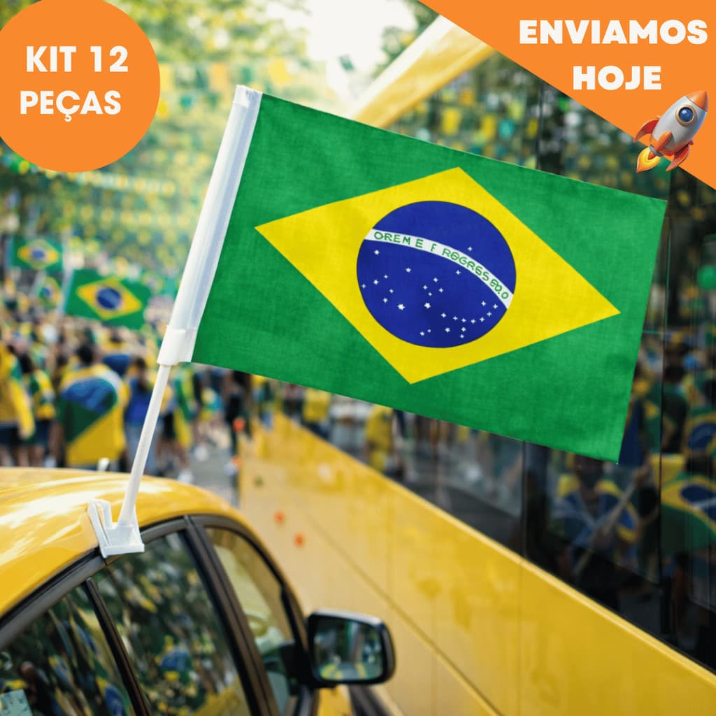 Kit Ate 12 Bandeiras Brasil Carro Mostra Patriotismo Facil Instalacao Carro Tecido Resistente