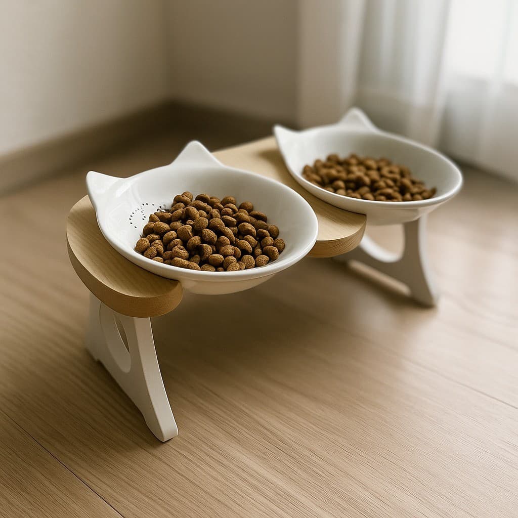 COMEDOURO DUPLO PORCELANA  ELEVADO PARA PETS COM TIGELA DE PORCELANA ERGONÔMICO