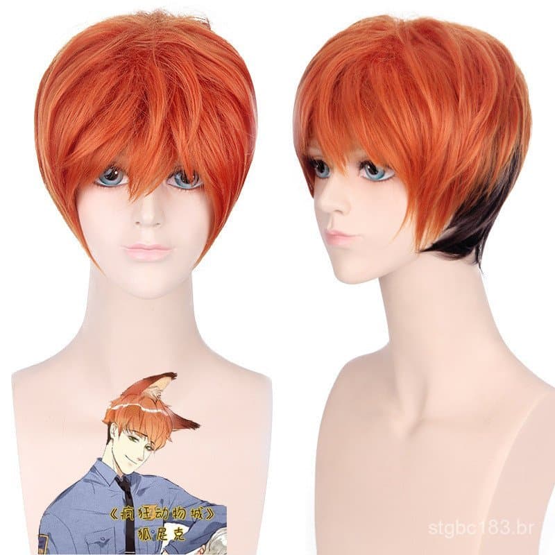 Peruca de Cosplay de Cabelo Curto para Homens Nick Fox de Zootopia, Cor Gradiente Laranja-Vermelho-Preto, Em Estoque