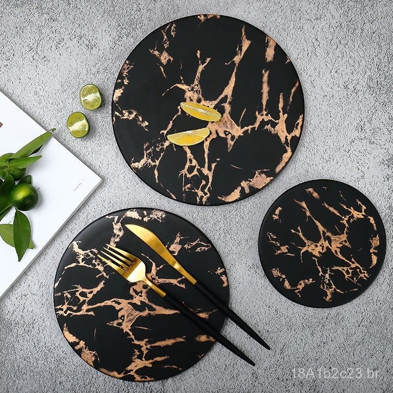 Nova prataforma redonda de cerâmica, prato para queijos e pães, bandeja para bolos, preto fosco, utensílios de mesa esti