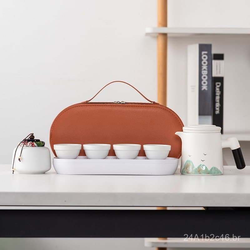Conjunto de chá portátil pintado à mão para viagens ao ar livre, com um bule e quatro xícaras de serviço rápido, present