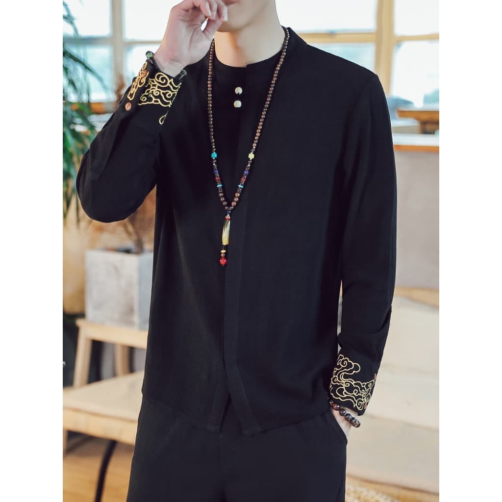 Primavera estilo chinês Retro auspicioso nuvem bordado camisa masculina de manga comprida camisa de linho gola alta supe