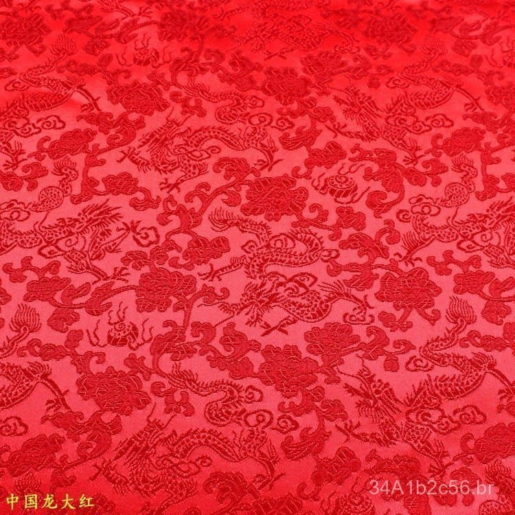 Tecido brocado jacquard vermelho brilhante com padrão de dragão, festivo e auspicioso, adequado para trajes Tang e cheon