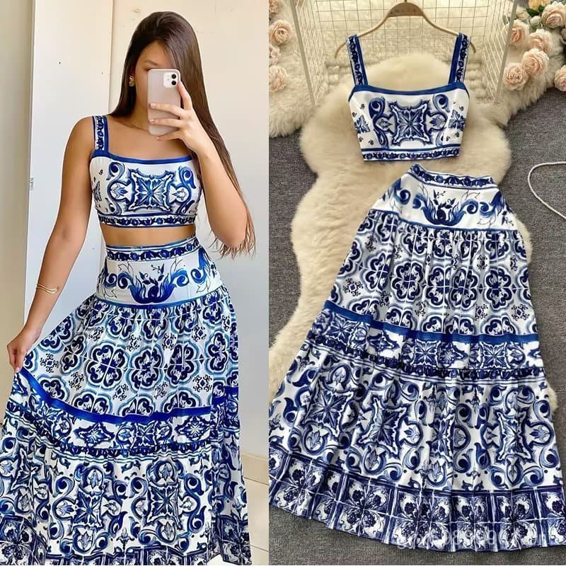 Novo design em estilo boêmio, elegante conjunto de duas peças com saia longa estampada (25259)