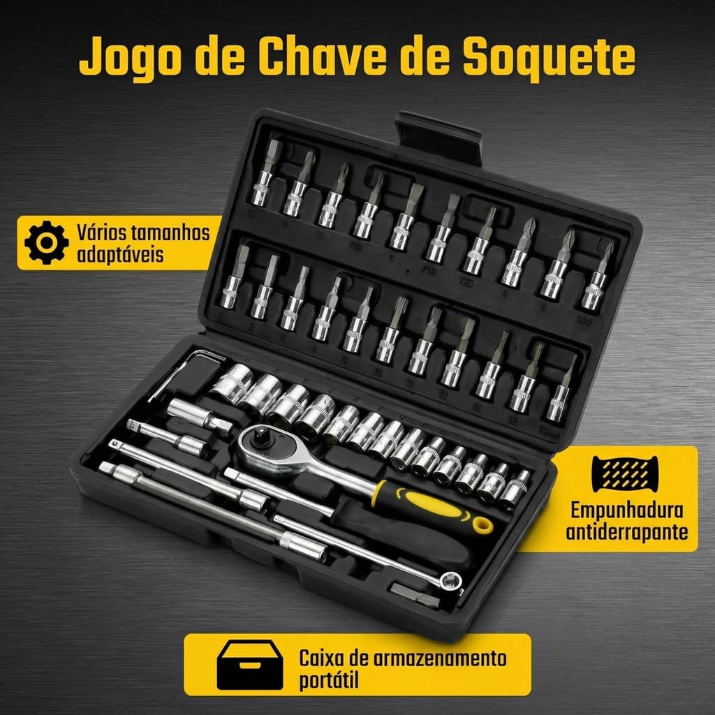 Kit Completo de Soquetes e Ponteiras Wassay 46 Peças para Manutenção Residencial com Organização Interna Compacta