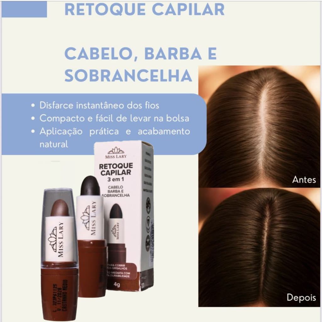 Sombra Retoque Capilar 3 em 1 Miss Lary - Disfarça Falhas Cabelo Barba Sobrancelha Raiz Branca