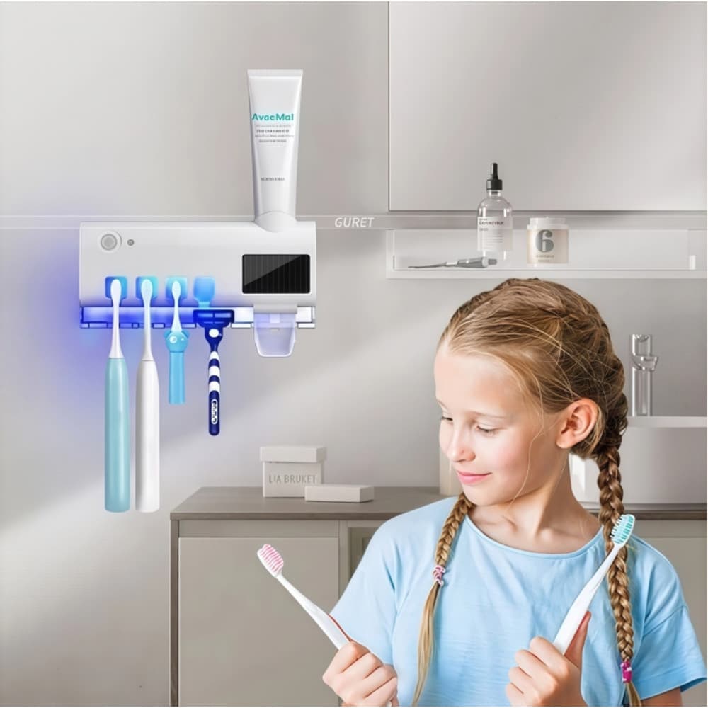 Suporte para Escova de Dentes com Esterilizador UV, Aplicador de Pasta de Dentes, Dispensador