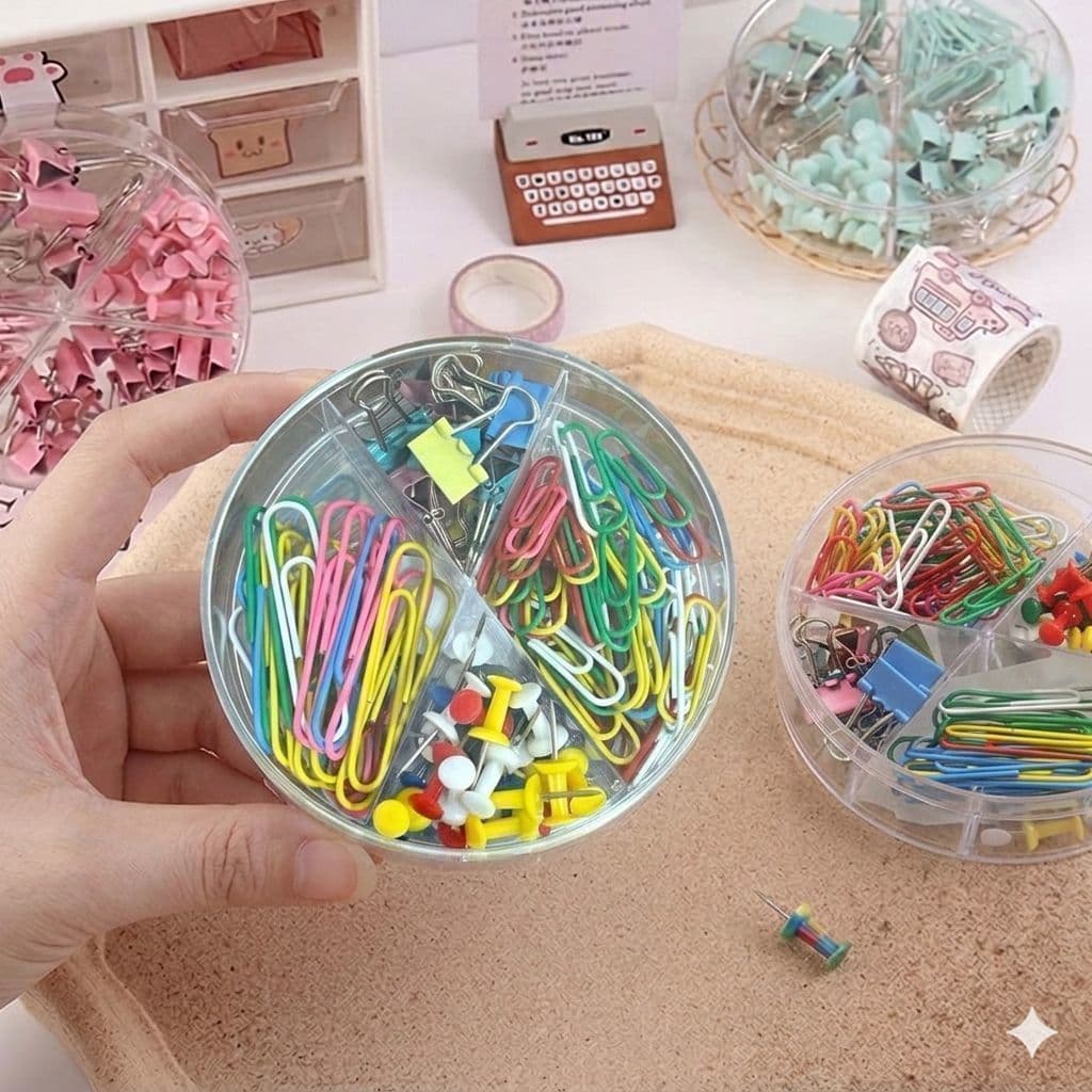 Kit Papelaria 100 Peças Clips + Alfinetes + Prendedor De Papel com Caixa Organizadora Prática
