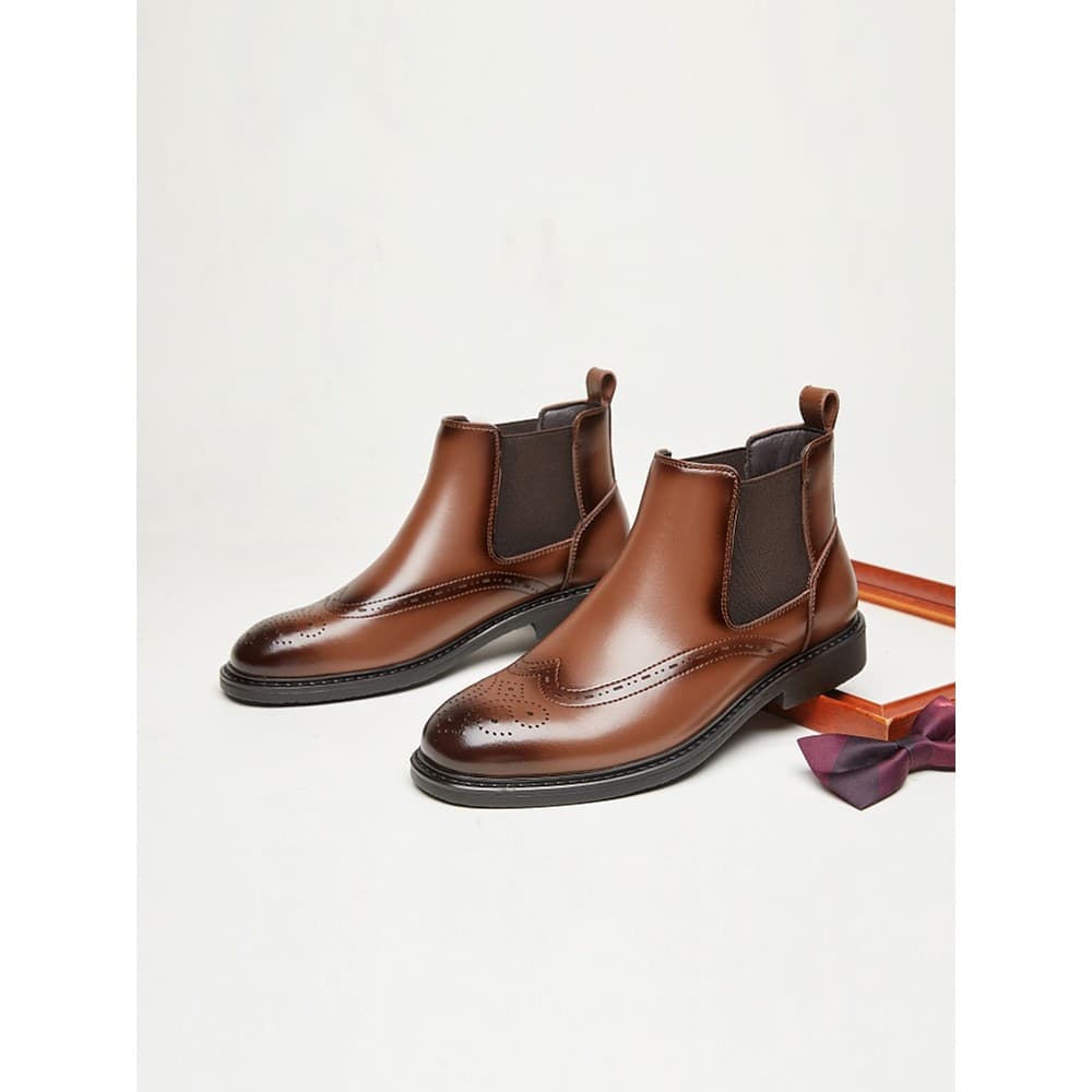 Botas de queixo outono inverno britânico Chelsea botas masculinas dedo do pé redondo couro genuíno negócios Casual Brogu