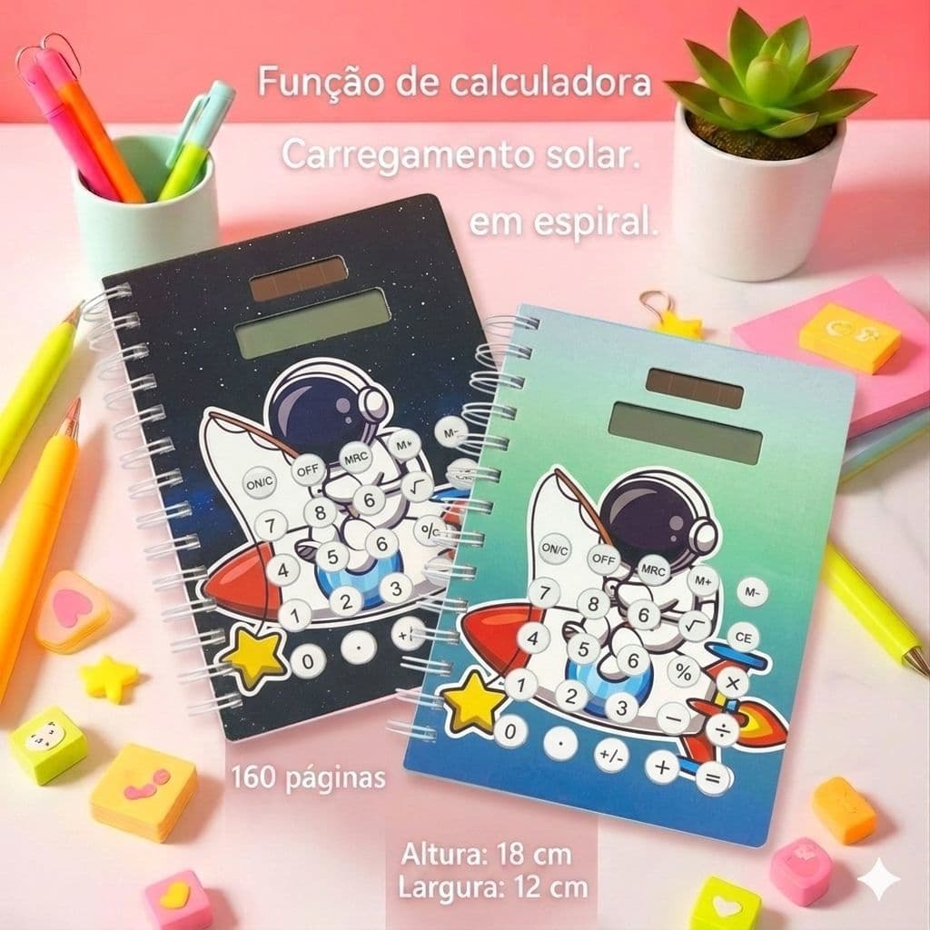 Caderno com Calculadora Solar Capa Holográfica Astronauta Espiral Resistente