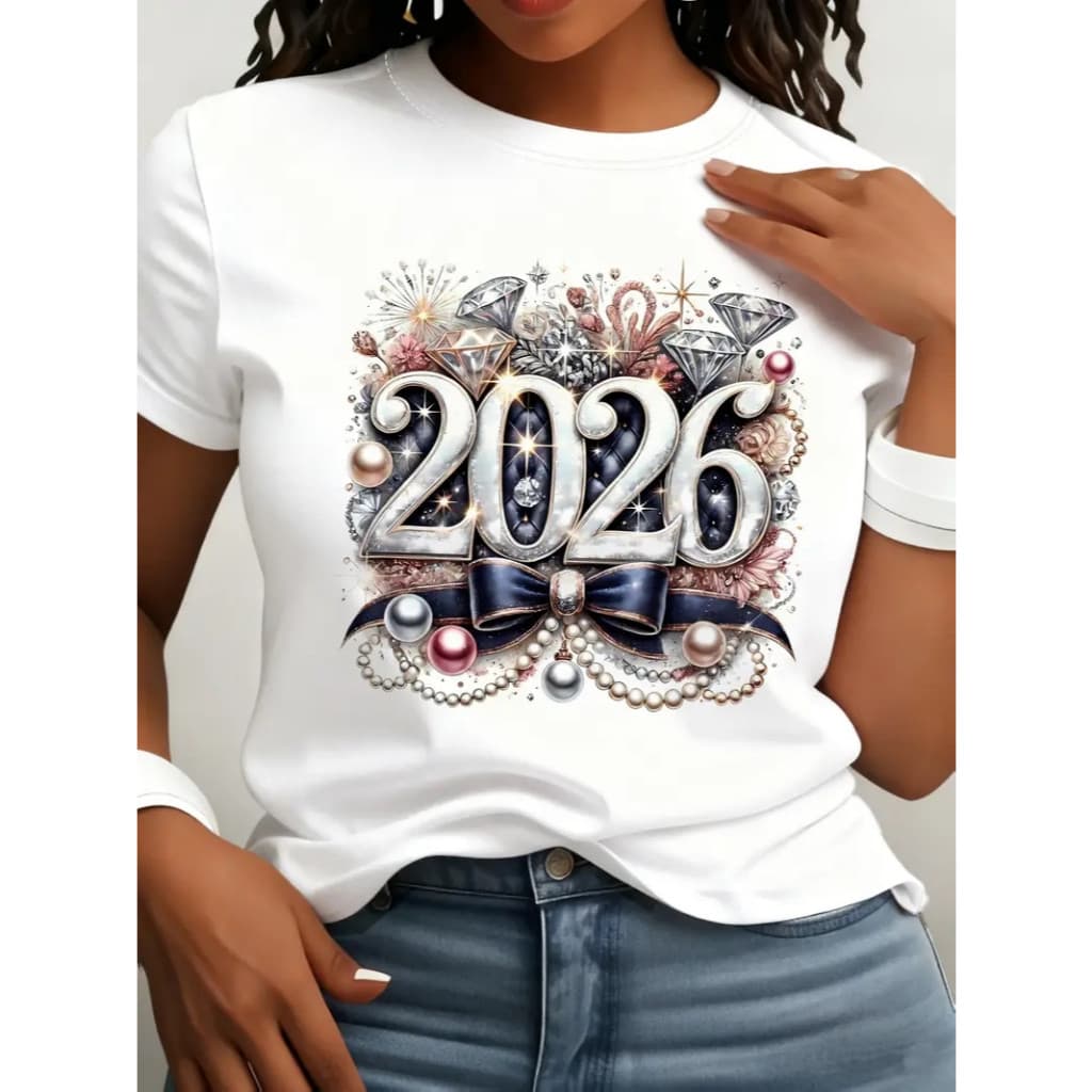camiseta básica feminina casual algodão 100% estilo ano novo 2026