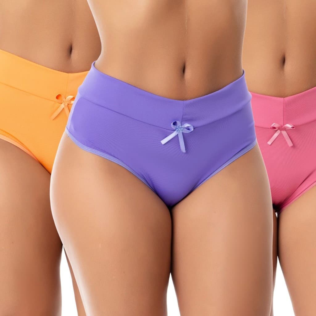 Kit 5 Calcinha Cós Duplo Alto Cinta C/Laço Nathalia Reforçada Microfibra Ou Kit 3 Calcinha Cós Duplo Alto