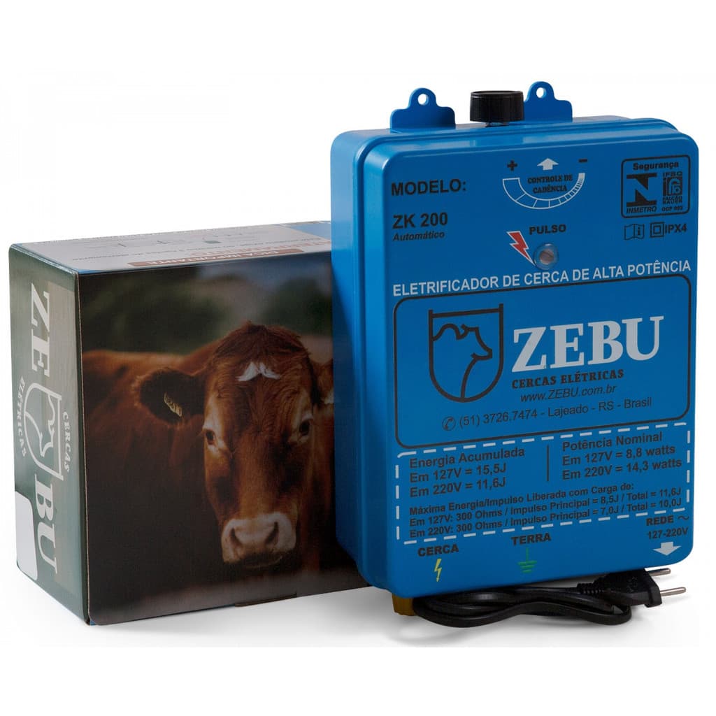 ELETRIFICADOR CERCA CHOQUE ELETRICO ZEBU PROPRIEDADE RURAL ZK200 127/220V 10J 200KM