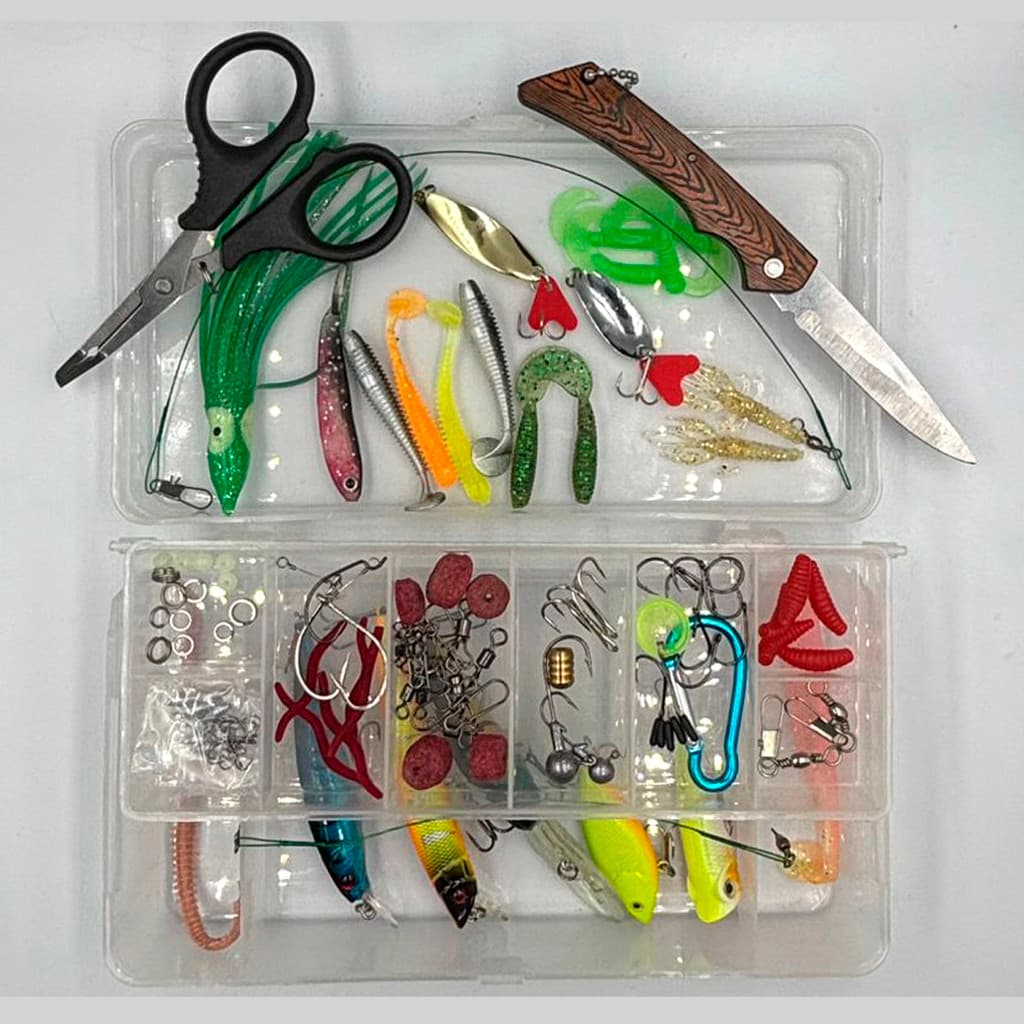 Kit Pesca Iscas Artificiais + Tesoura Alicate  Mais de 101 Peças com Estojo