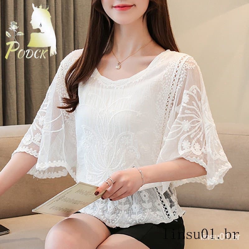 Primavera Feminina Nova Chiffon Algodão Renda Borda Blusa Flor Borboleta Camisa