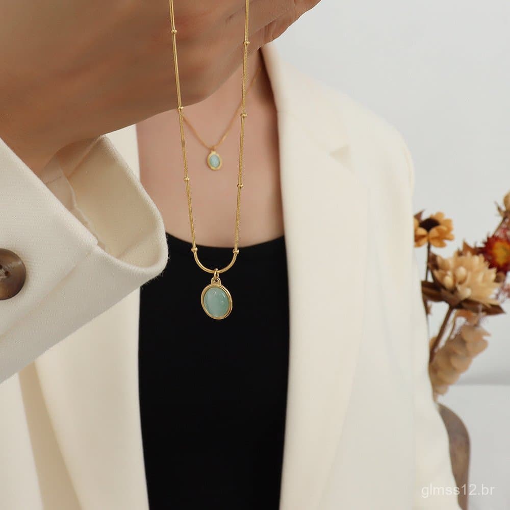 Colar feminino de aço titânio com pingente oval de olho de gato, estilo vintage francês, de alta qualidade, versátil e e