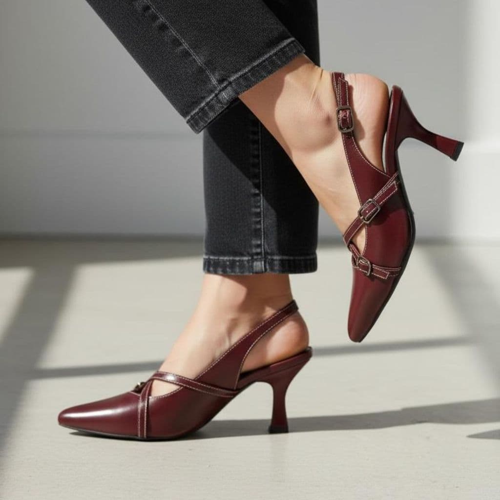 Slingback Feminino Social Bico Fino com Fivelas e Tiras Salto 7cm Elegante Dia a Dia Trabalho Confortável