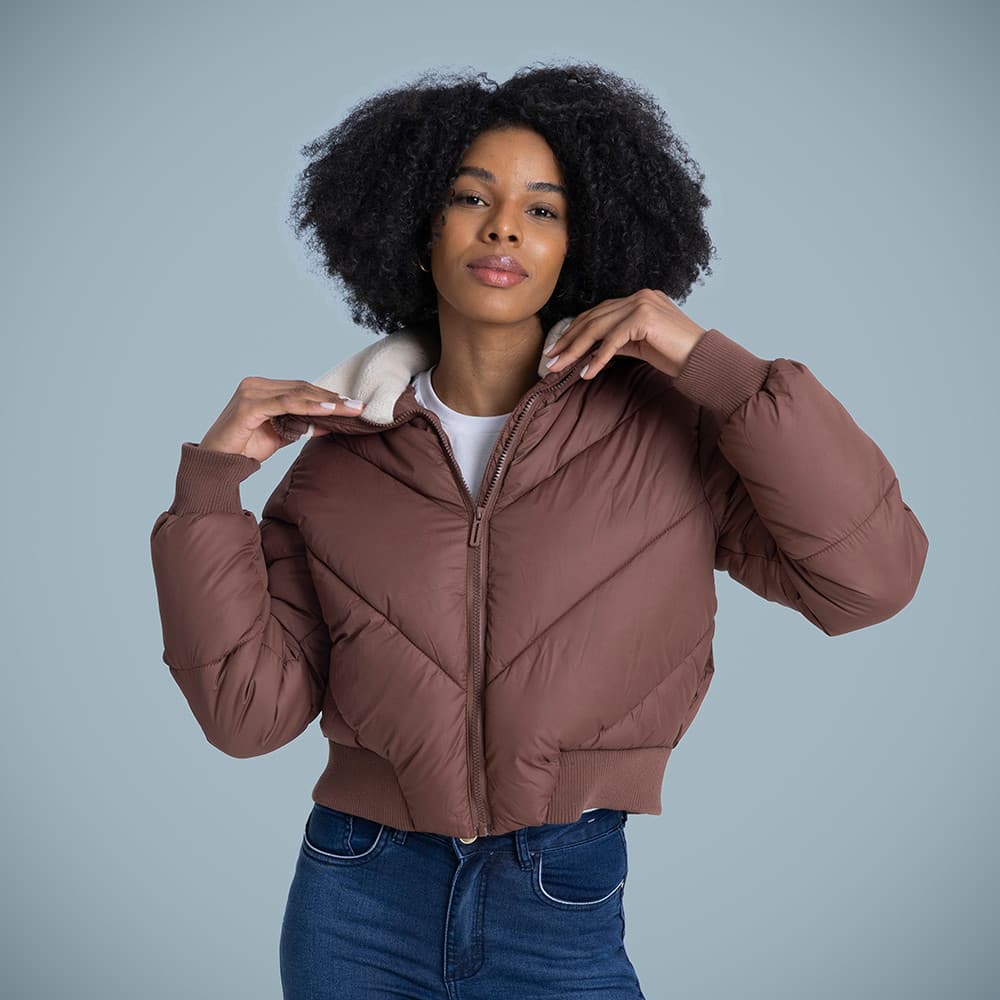 Jaqueta Feminina Puffer Bobojaco Com Pelinho Sem Capuz Marrom Com Gola Lã