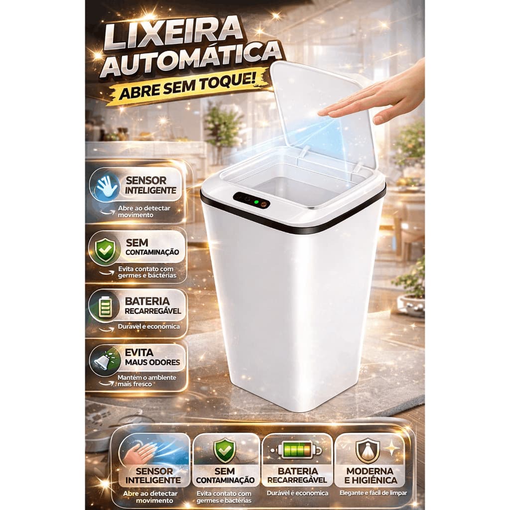 Lixeira Automática Inteligente Sensor Elétrica Recarregável Moderna Anti Odor Cozinha Banheiro