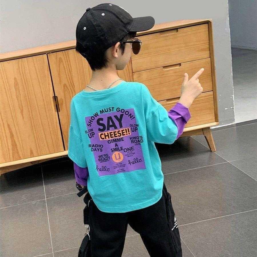 Crianças crianças roupas meninos de manga comprida estilo verão crianças falso de duas peças meninos camisa de fundo pri