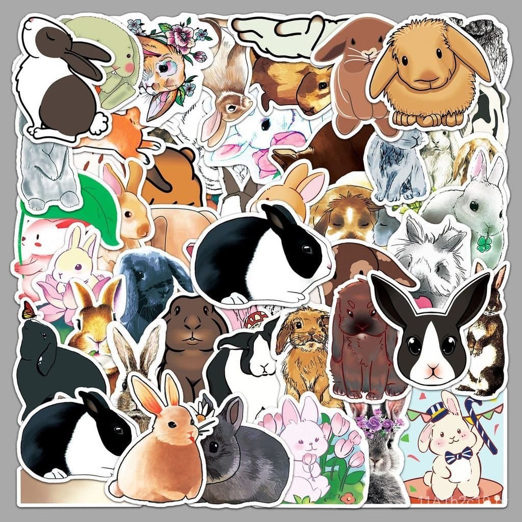 50 adesivos personalizados de coelhinhos fofos em estilo cartoon para garrafas de água, skates, malas e itens infantis.