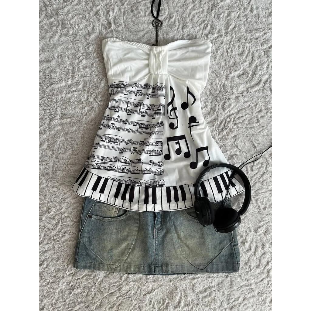 Camiseta Feminina Vintage Com Estampa De Melodia Tubo Top High Street Piano Chave Sem Mangas