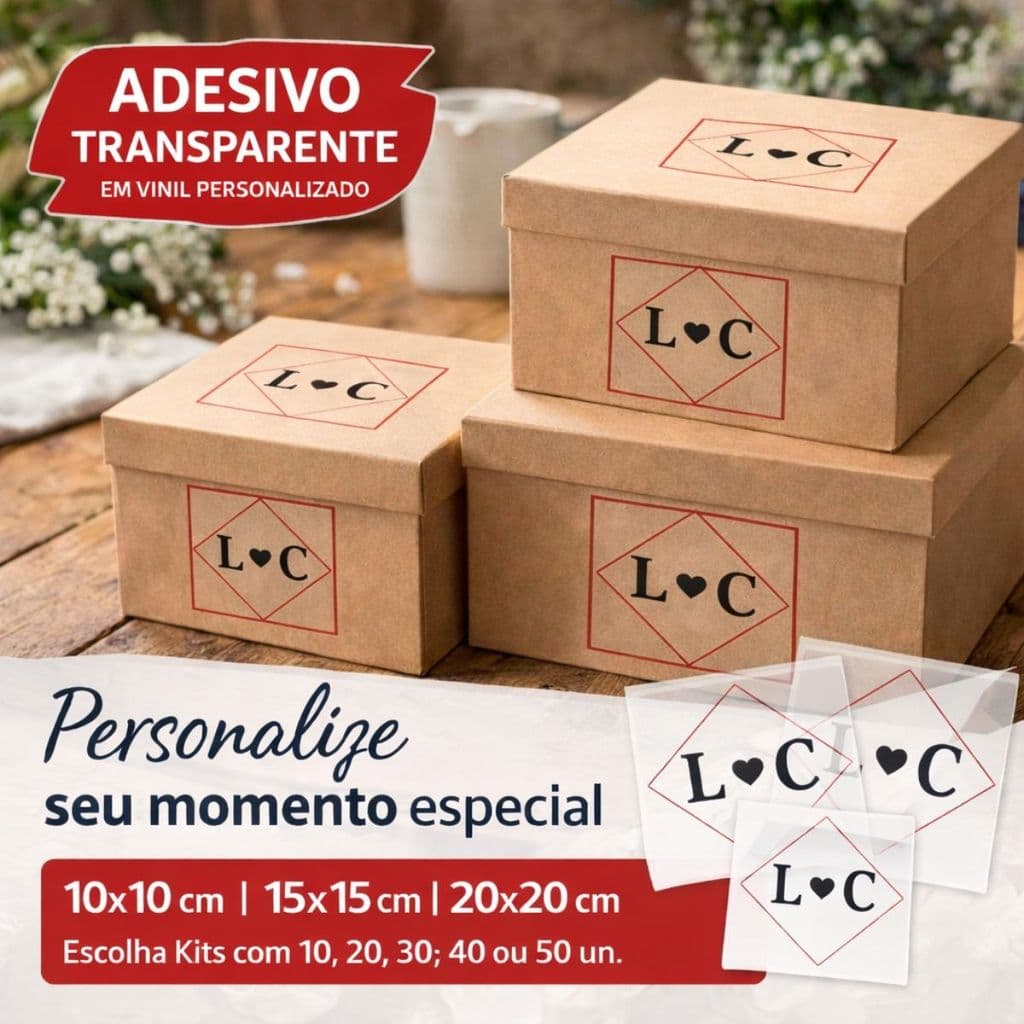 Kit Adesivo Personalizado Vinil Transparente Lembrancinha Casamento Caixa MDF 10X10 cm