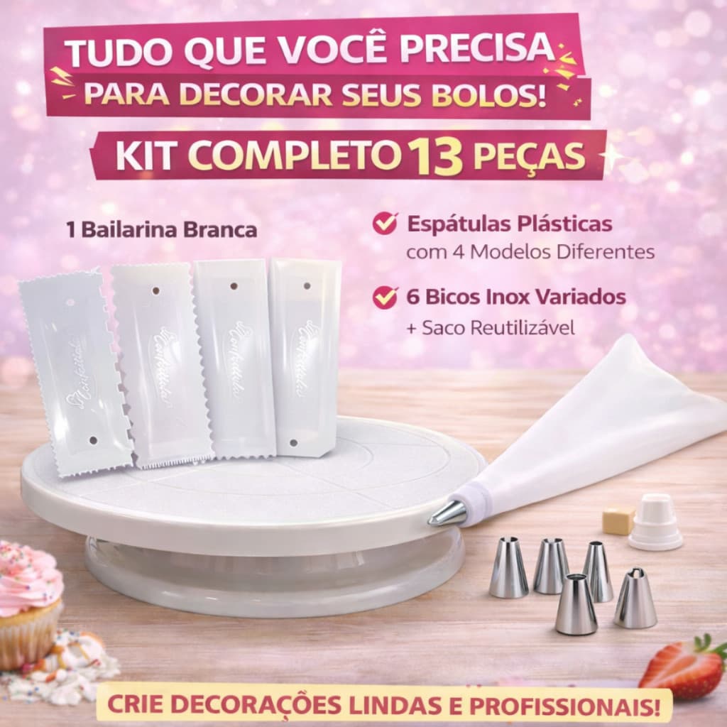 Kit Confeitaria 13 Peças Bailarina Bicos Inox Espátulas Grande Saco Confeitar Profissional