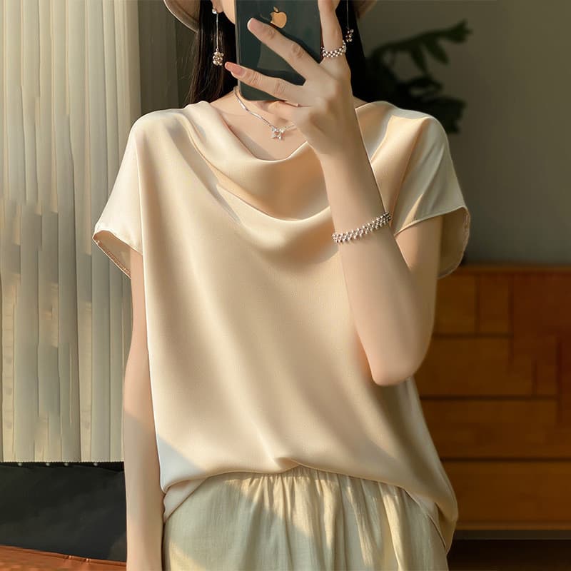 Cetim de seda 2026 primavera verão feminino novo curto gola francesa temperamento camiseta simples manga curta Plus Size