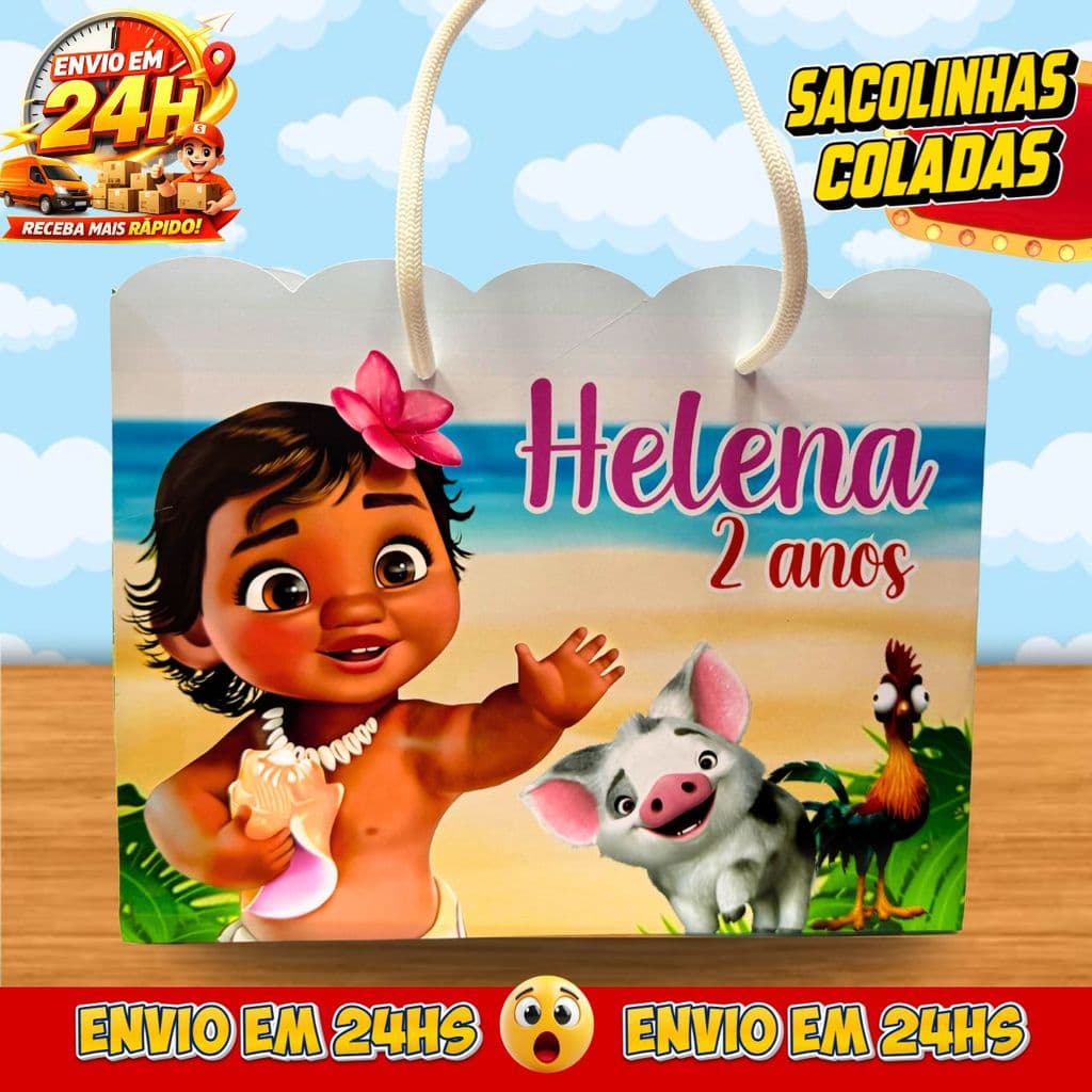 Sacolinhas Moana Baby Personalizadas - Lembrancinhas Infantil Premium com Nome e Idade