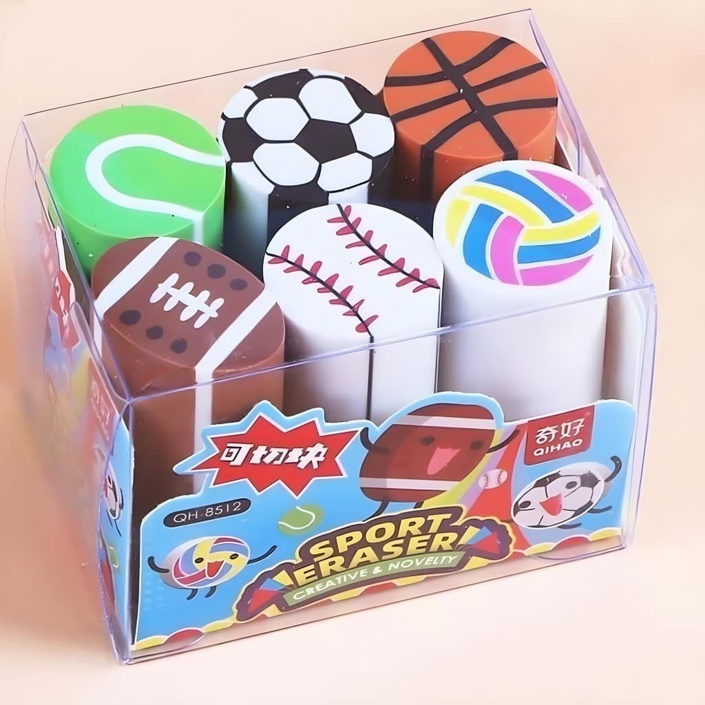 Kit Escolar 6 Borrachas Longas Fofas – Fundo do Mar / Esportes | QH-8512/QH-8533