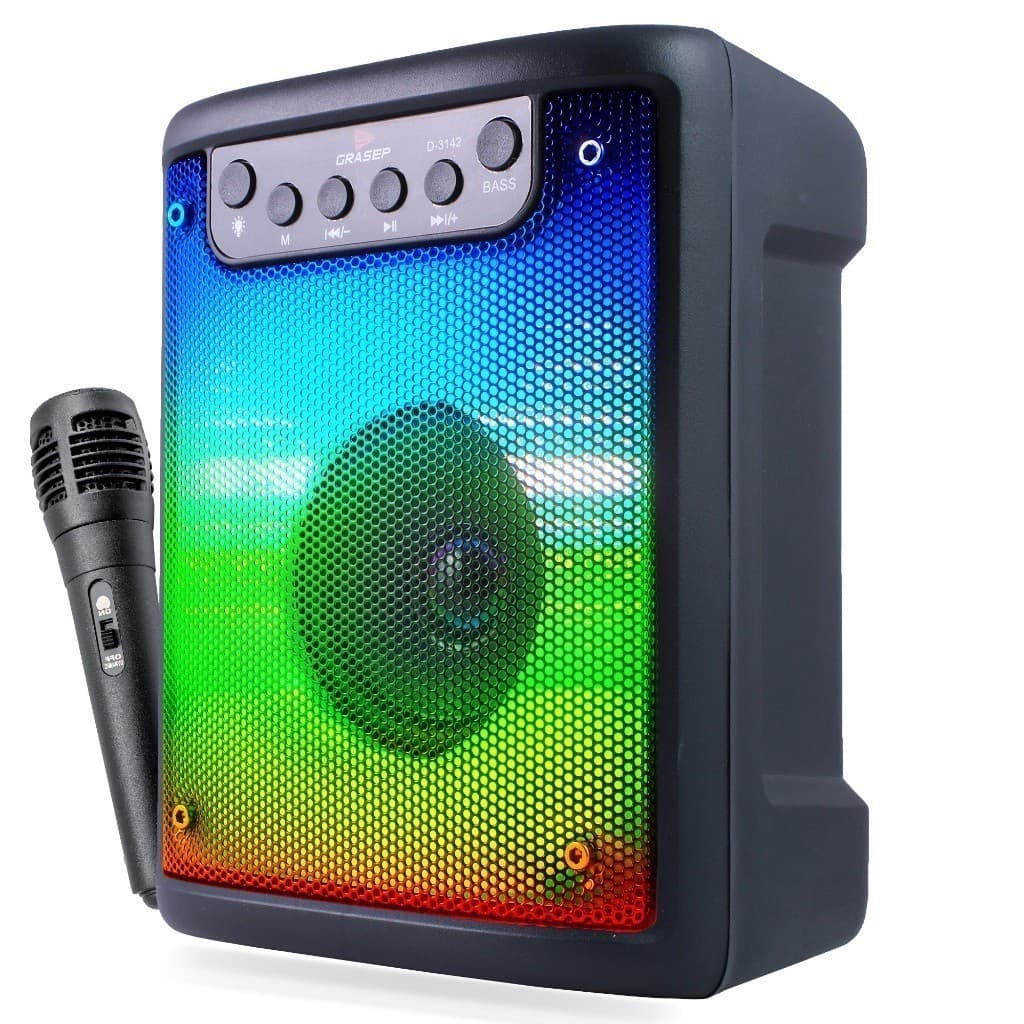 Caixa De Som Bluetooth Painel Leds RGB Microfone Karaokê Dinâmico USB SD Radio Fm Auxiliar P2 P10 MP3